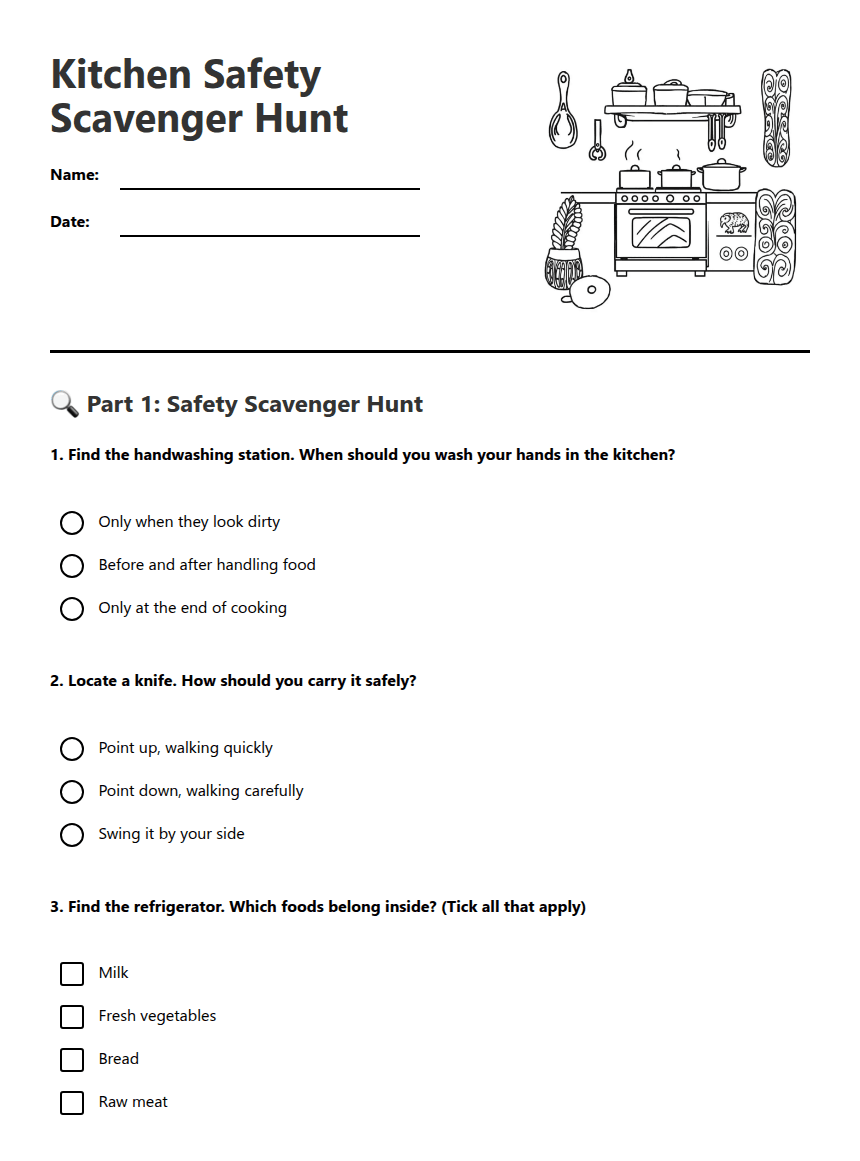Kitchen Safety Scavenger Hunt worksheet preview