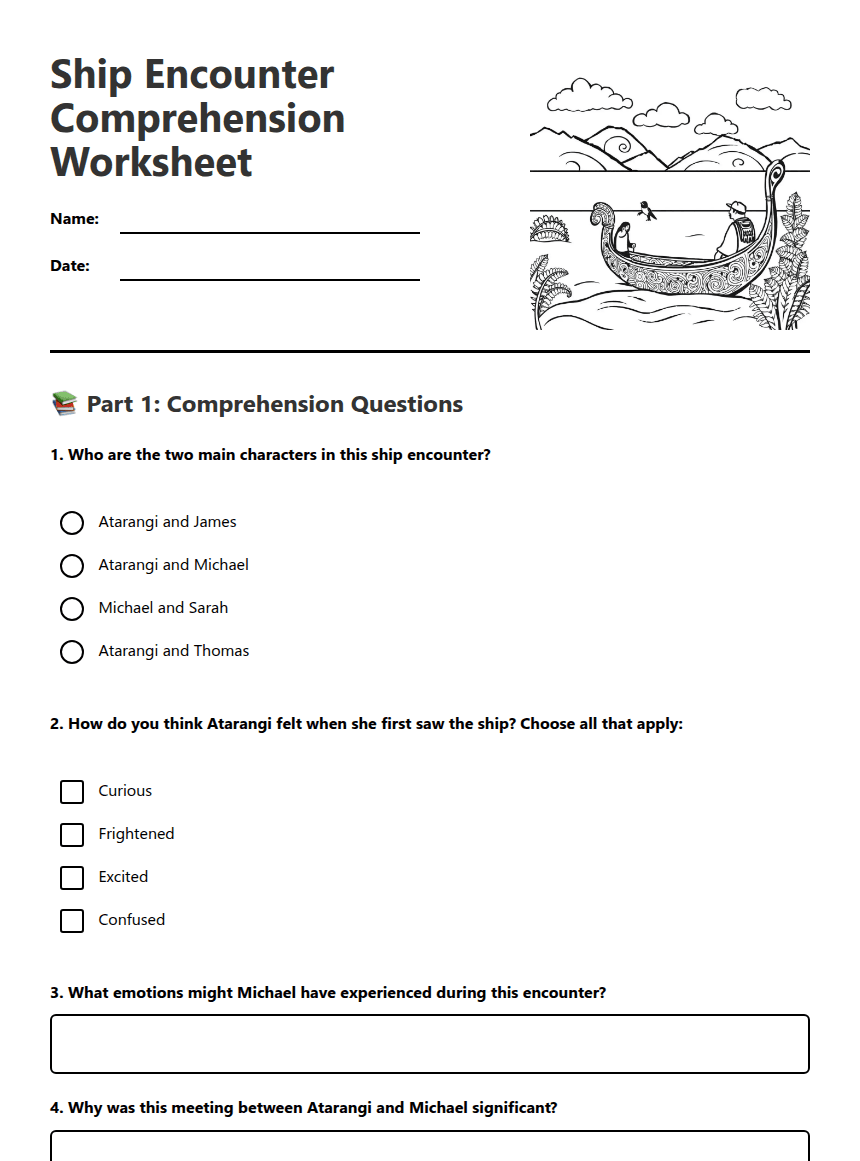 Ship Encounter Comprehension Worksheet worksheet preview