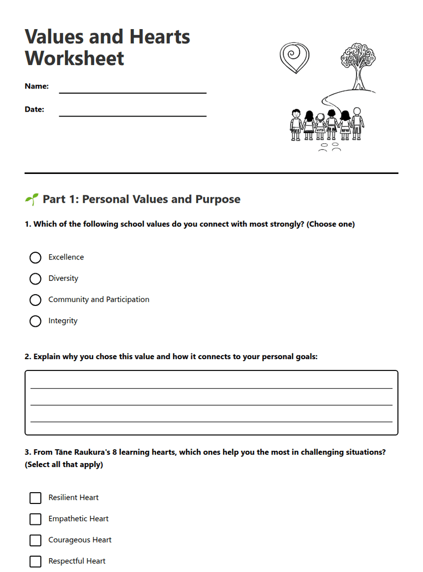 Values and Hearts Worksheet
