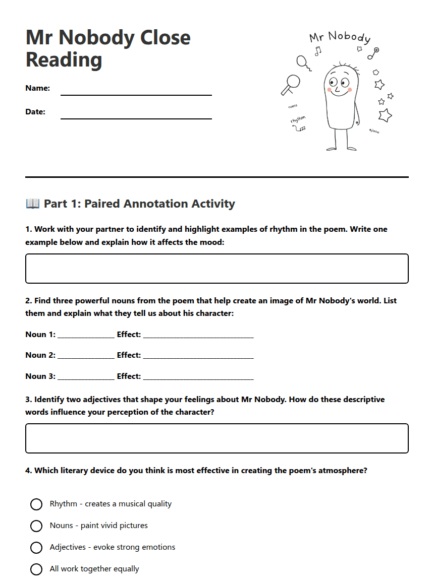 Mr Nobody Close Reading worksheet preview