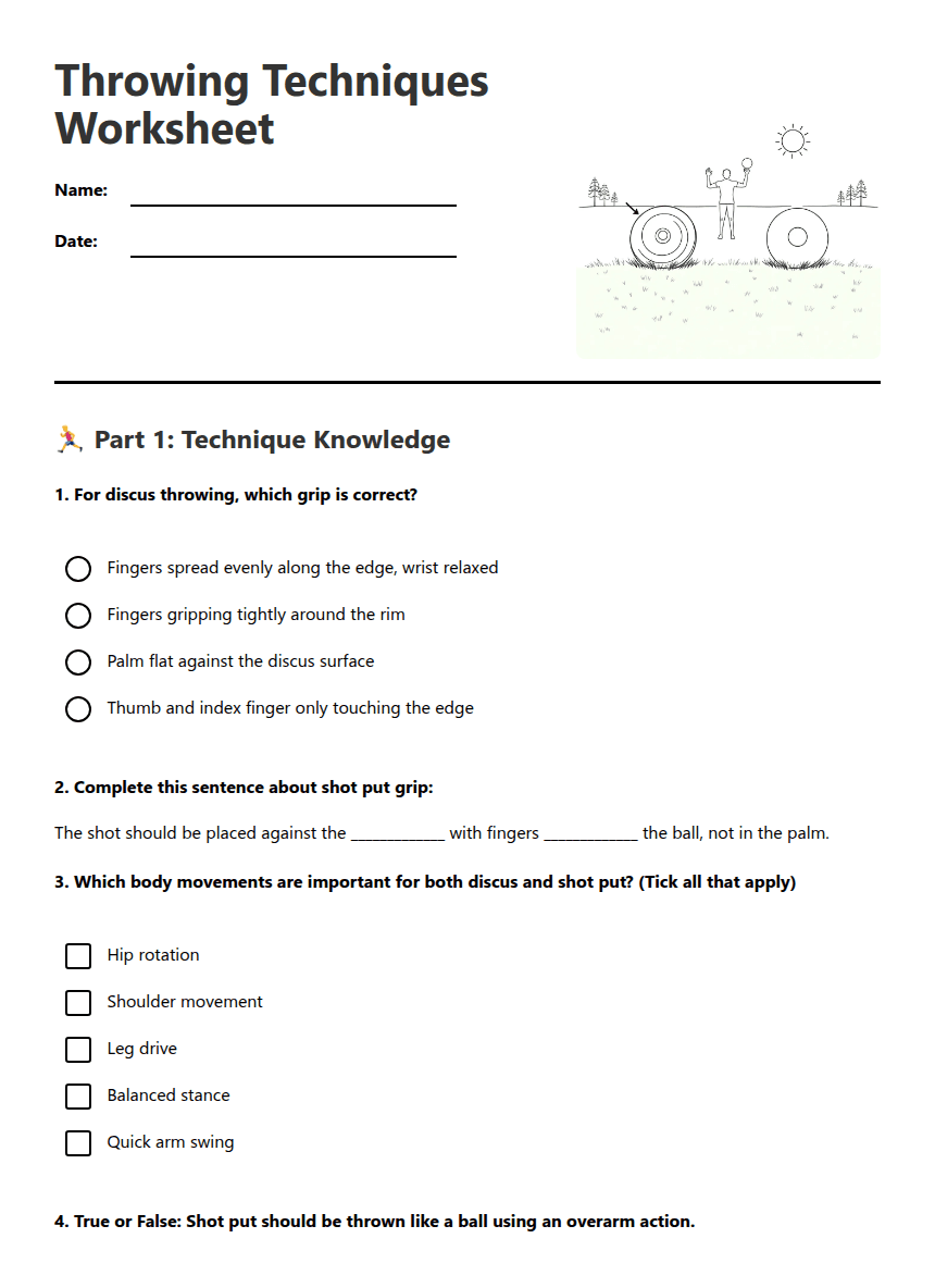 Throwing Techniques Worksheet worksheet preview