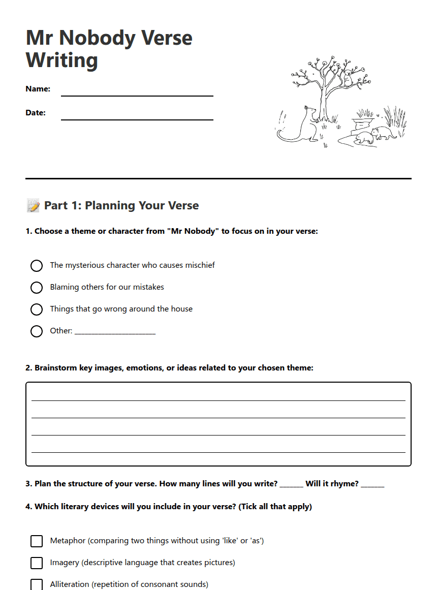 Mr Nobody Verse Writing worksheet preview