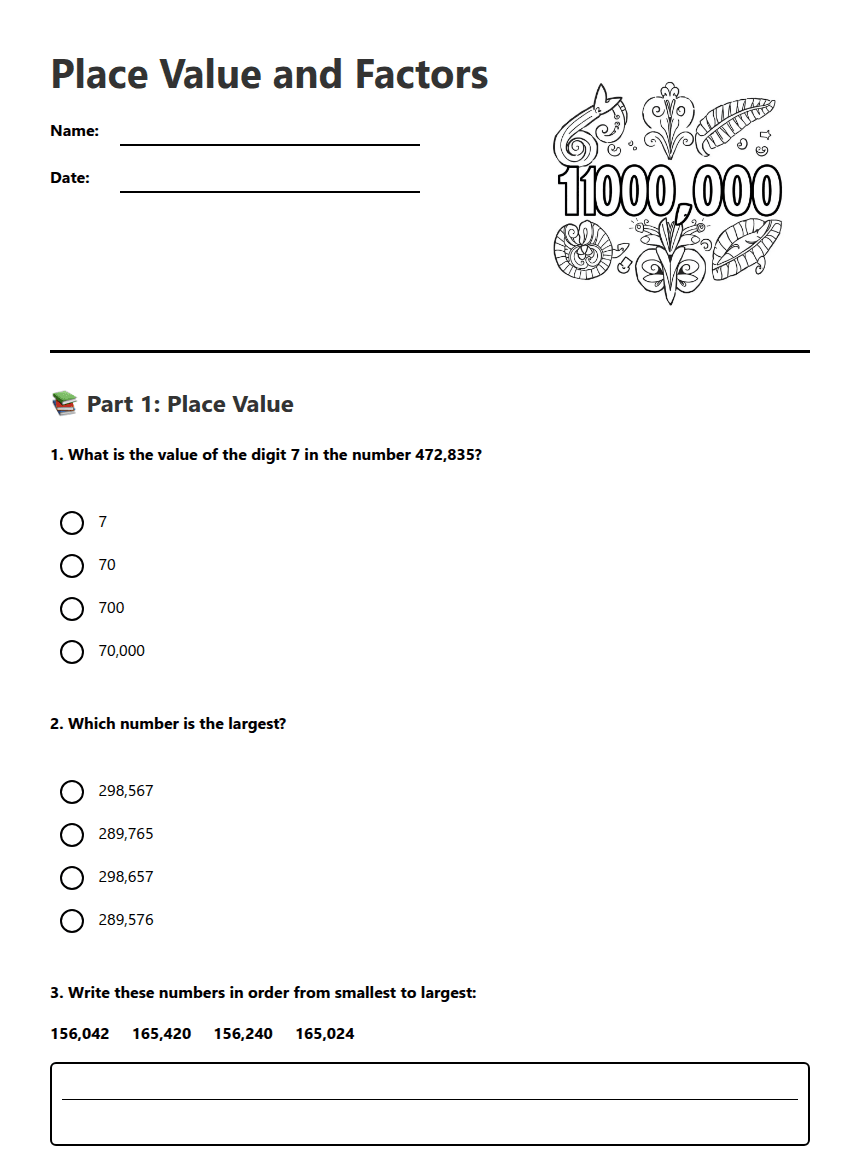 Place Value and Factors worksheet preview