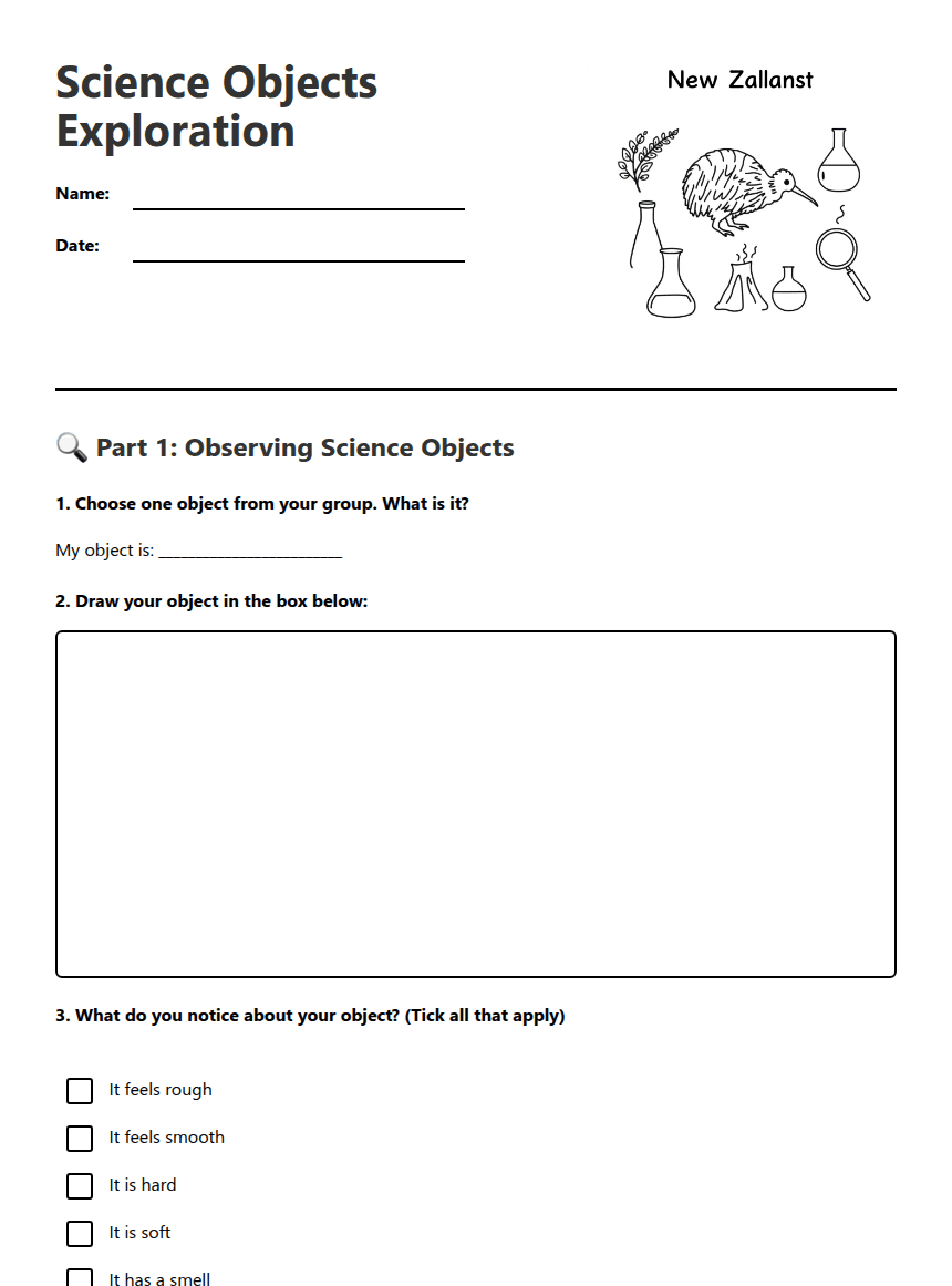 Science Objects Exploration worksheet preview