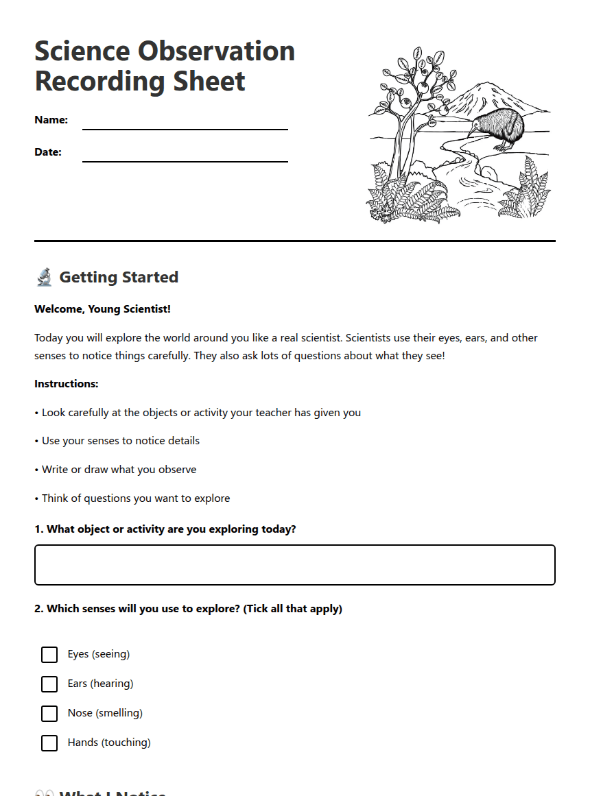 Science Observation Recording Sheet worksheet preview