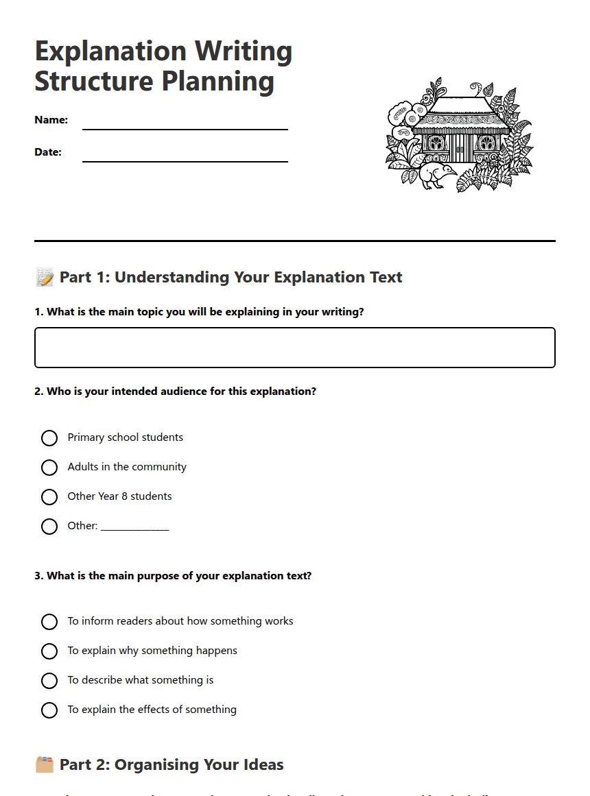 Explanation Writing Structure Planning worksheet preview