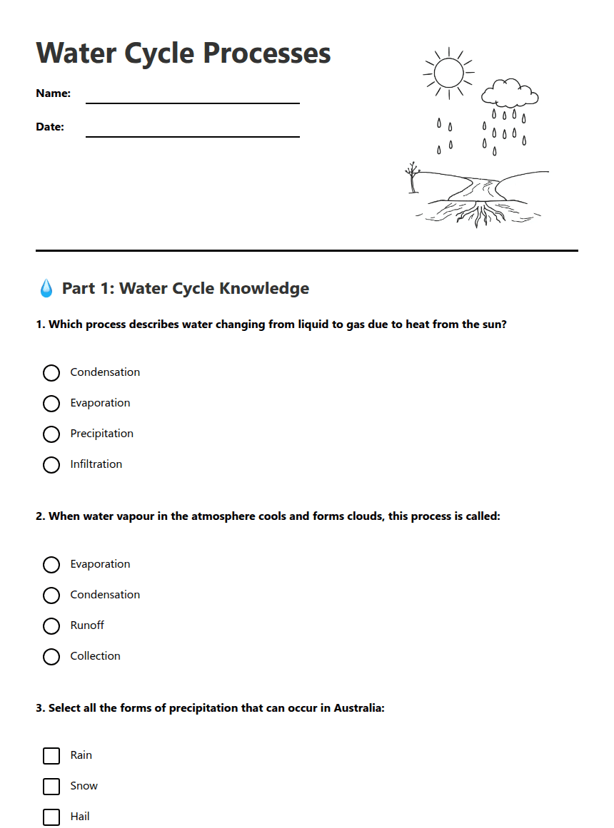 Water Cycle Processes worksheet preview