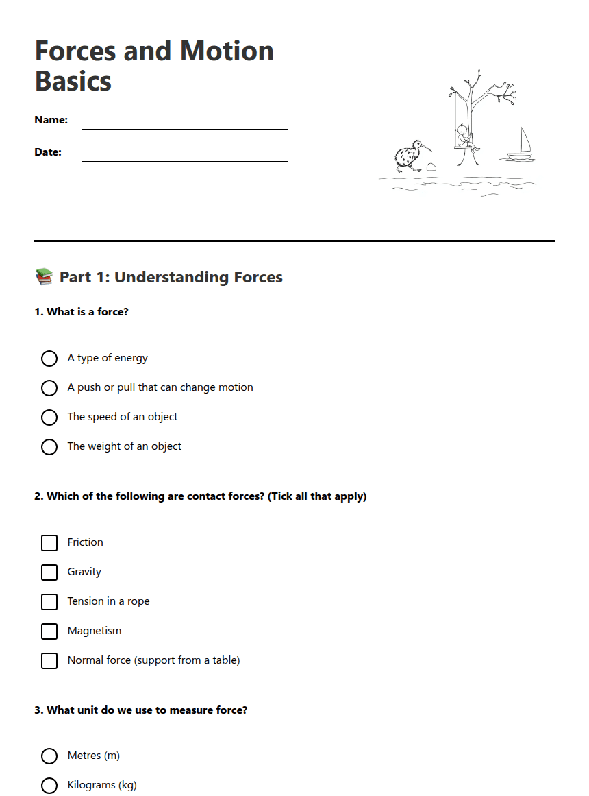 Forces and Motion Basics worksheet preview