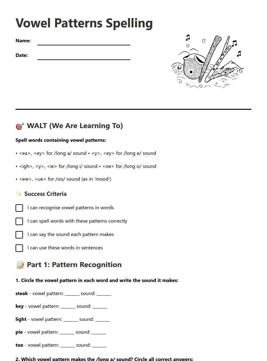Vowel Patterns Spelling worksheet preview