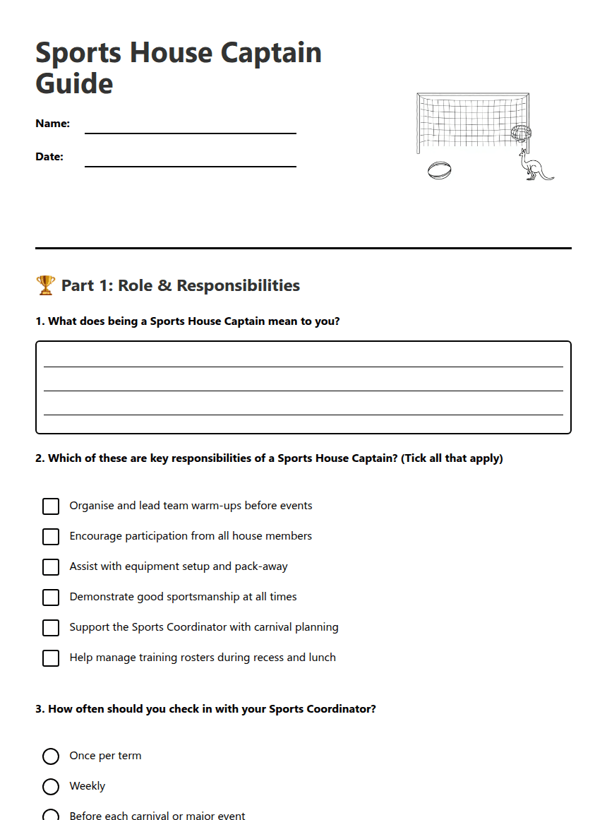 Sports House Captain Guide worksheet preview