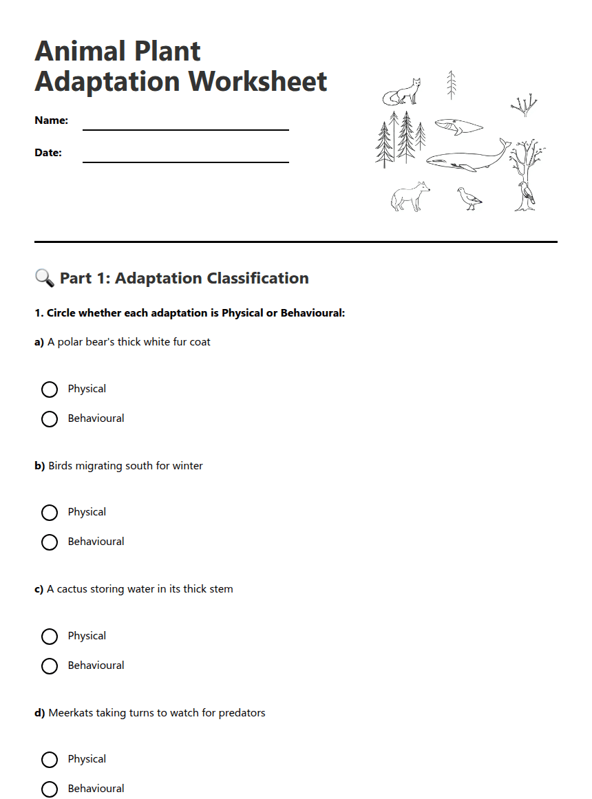 Animal Plant Adaptation Worksheet worksheet preview