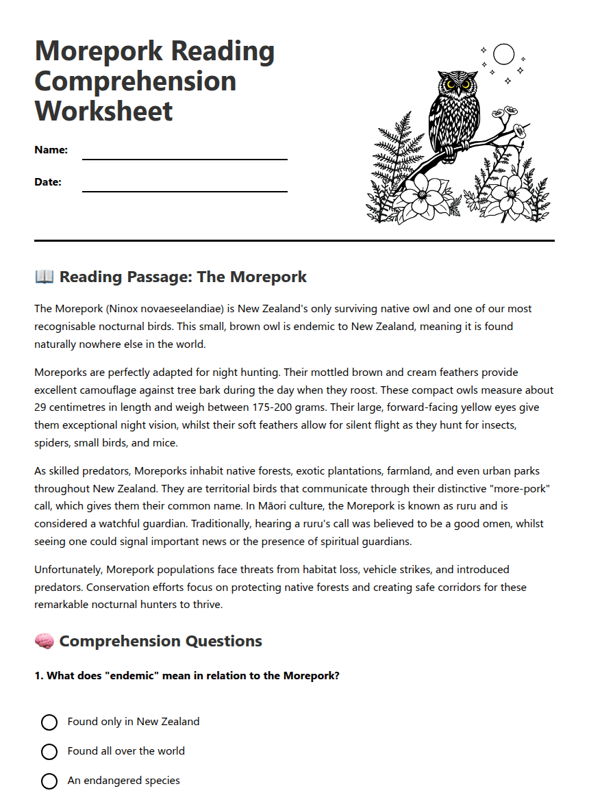 Morepork Reading Comprehension Worksheet worksheet preview