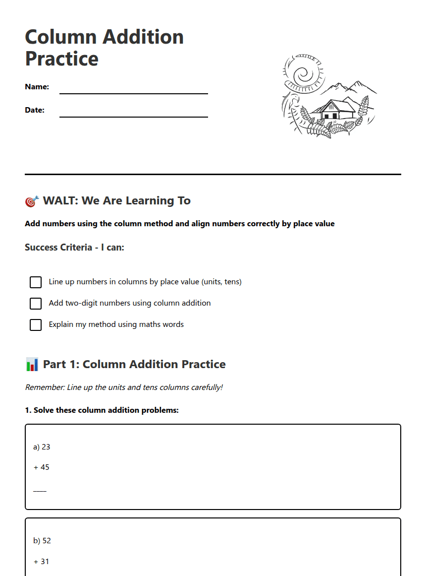 Column Addition Practice worksheet preview