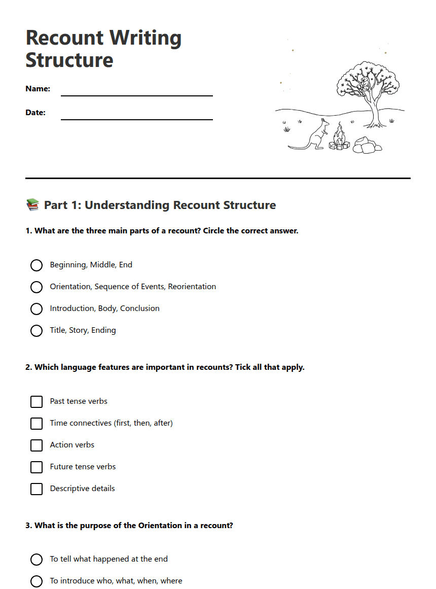 Recount Writing Structure worksheet preview