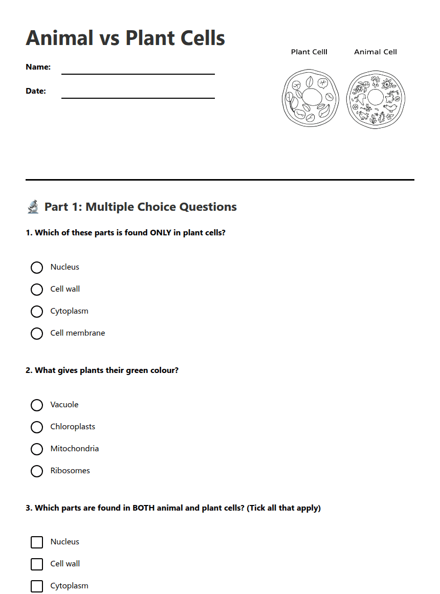 Animal vs Plant Cells worksheet preview