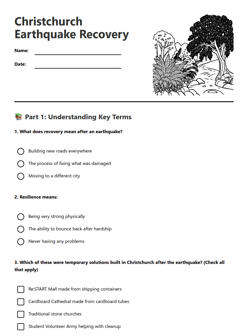 Christchurch Earthquake Recovery worksheet preview