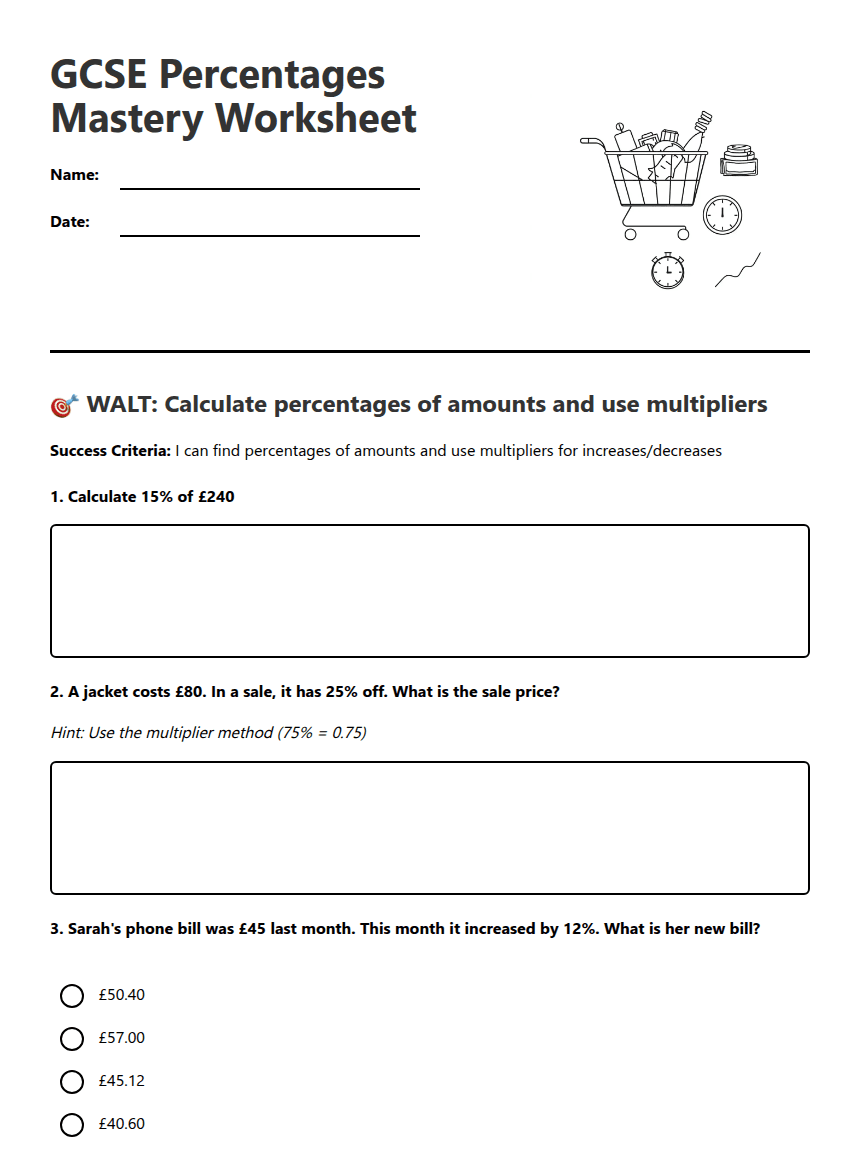 GCSE Percentages Mastery Worksheet worksheet preview