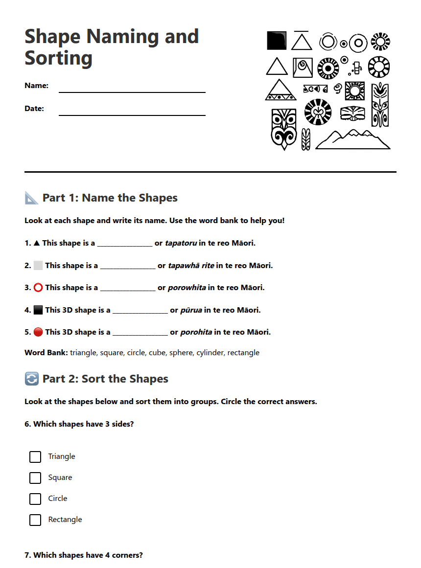 Shape Naming and Sorting worksheet preview
