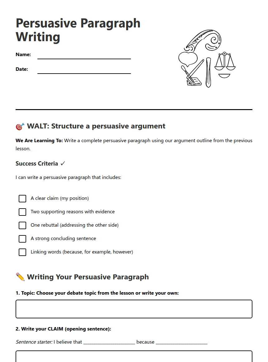 Persuasive Paragraph Writing worksheet preview