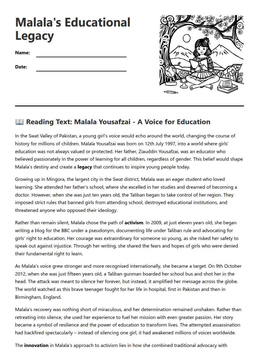 Malala's Educational Legacy worksheet preview