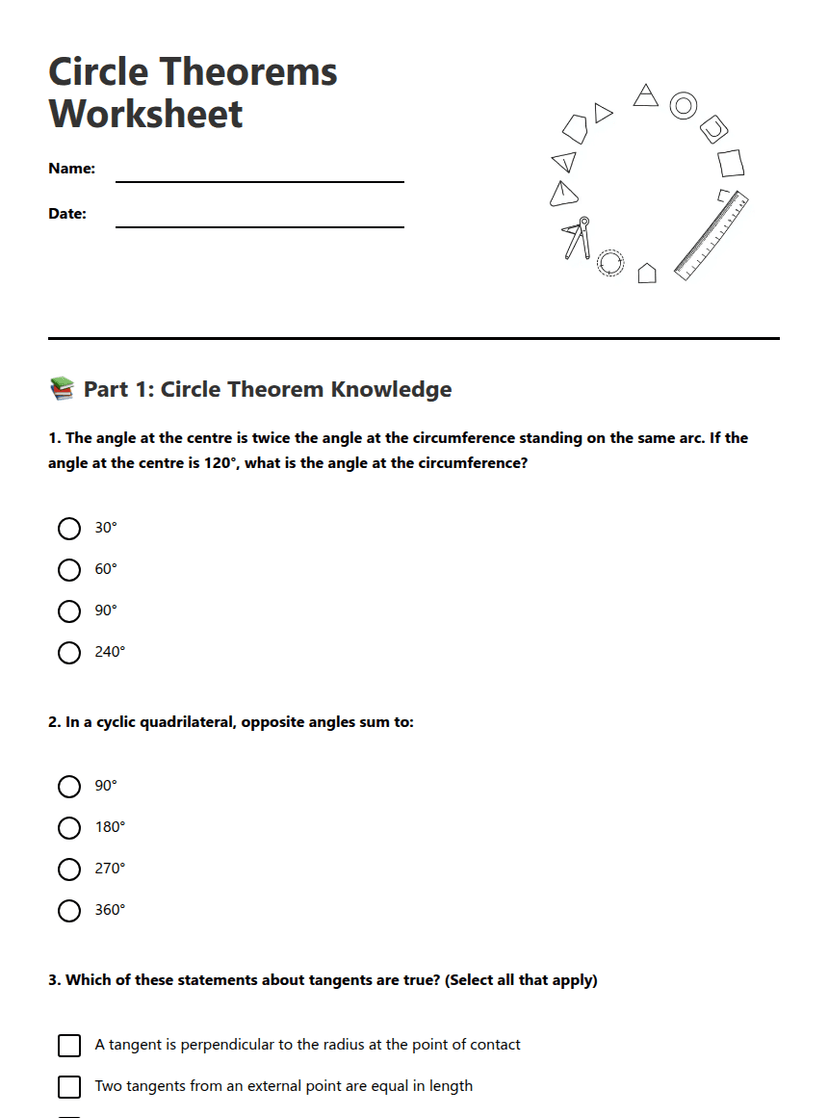 Circle Theorems Worksheet