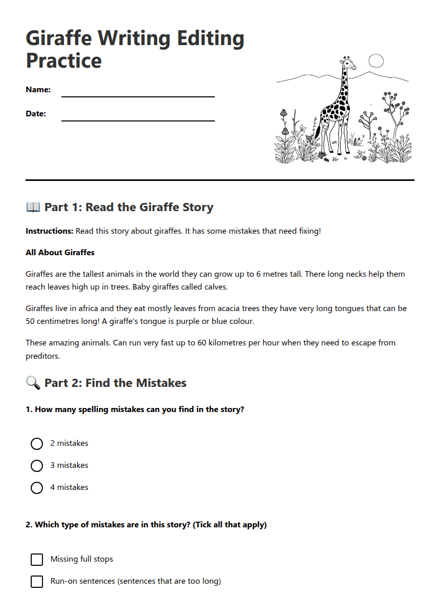 Giraffe Writing Editing Practice worksheet preview