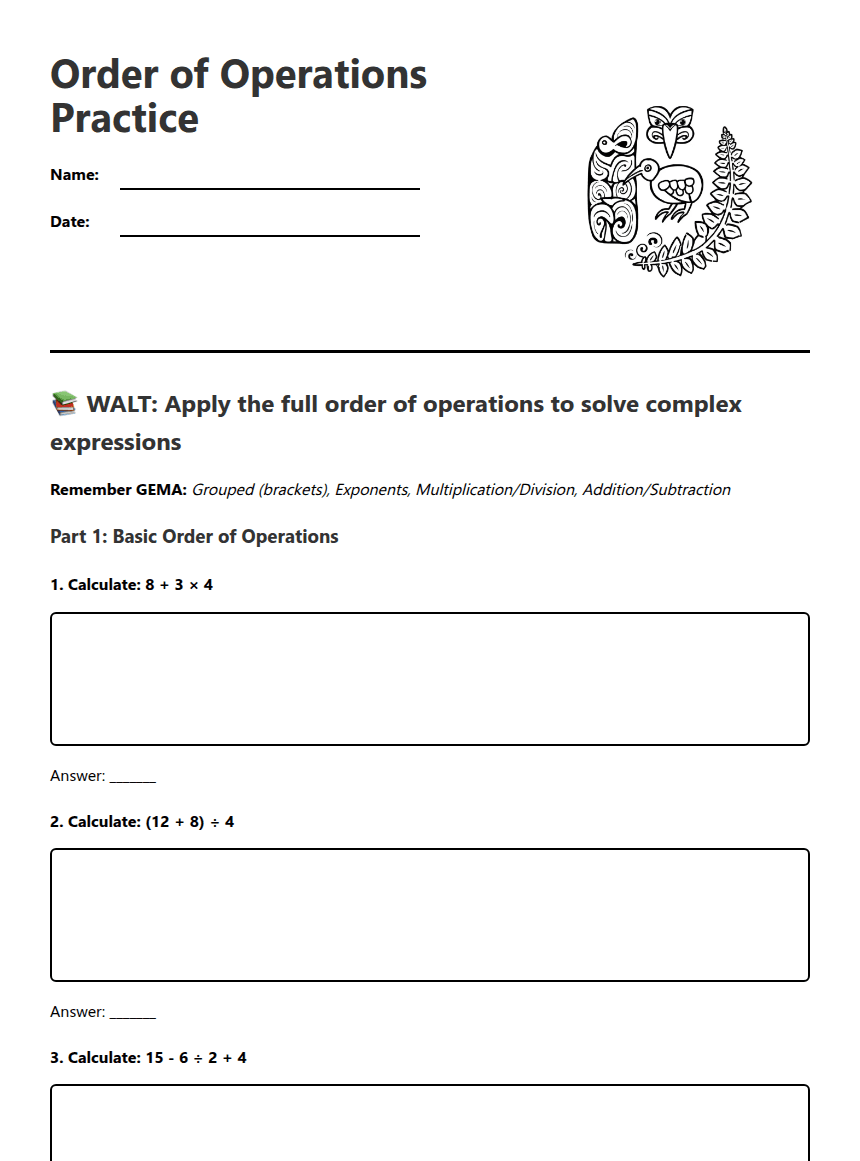 Order of Operations Practice worksheet preview