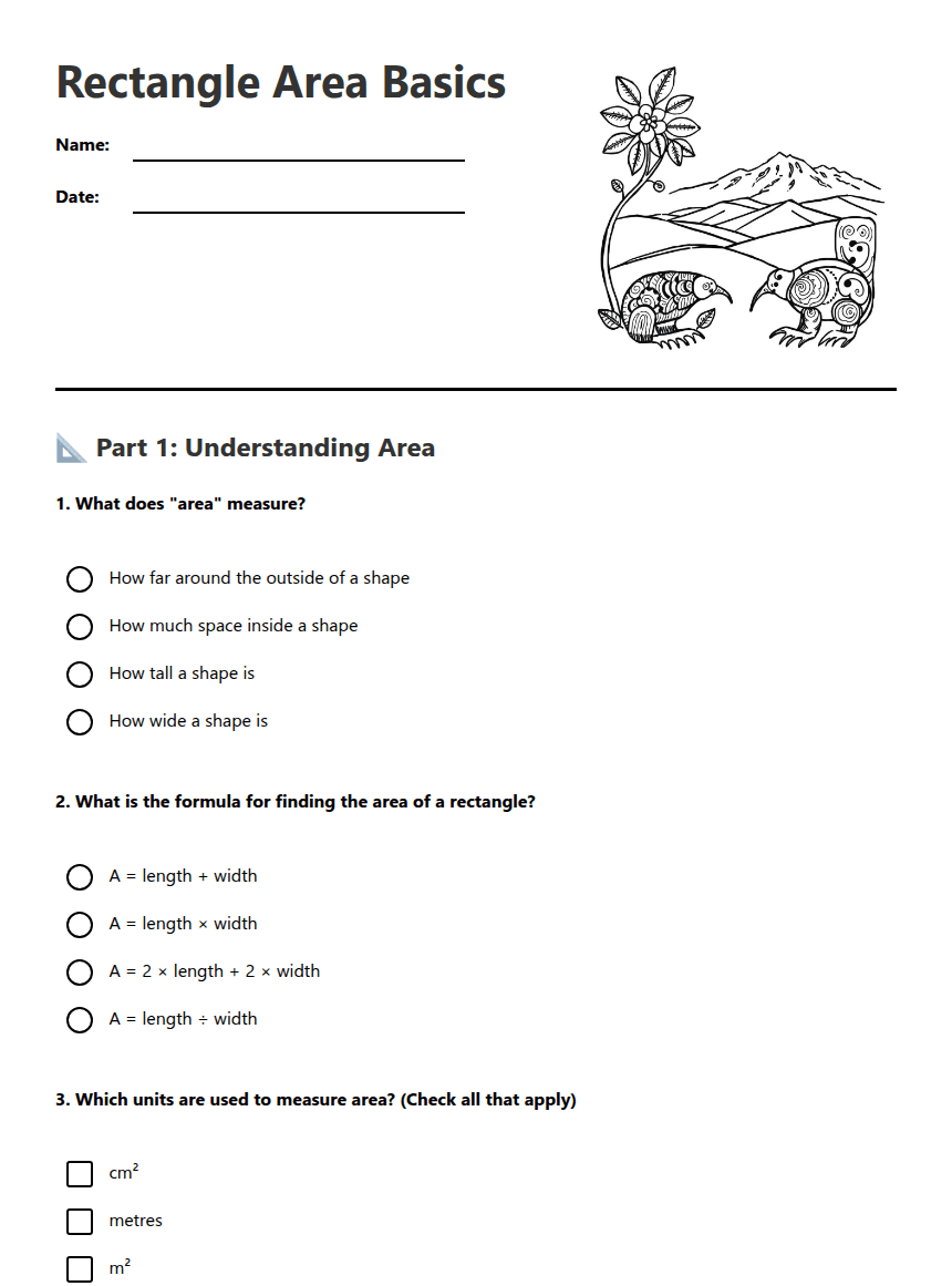Rectangle Area Basics worksheet preview