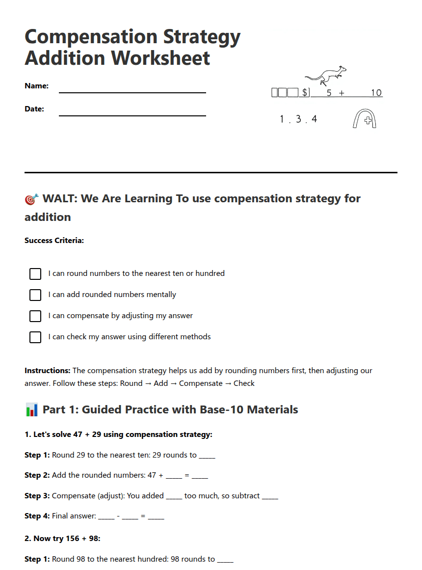 Compensation Strategy Addition Worksheet worksheet preview