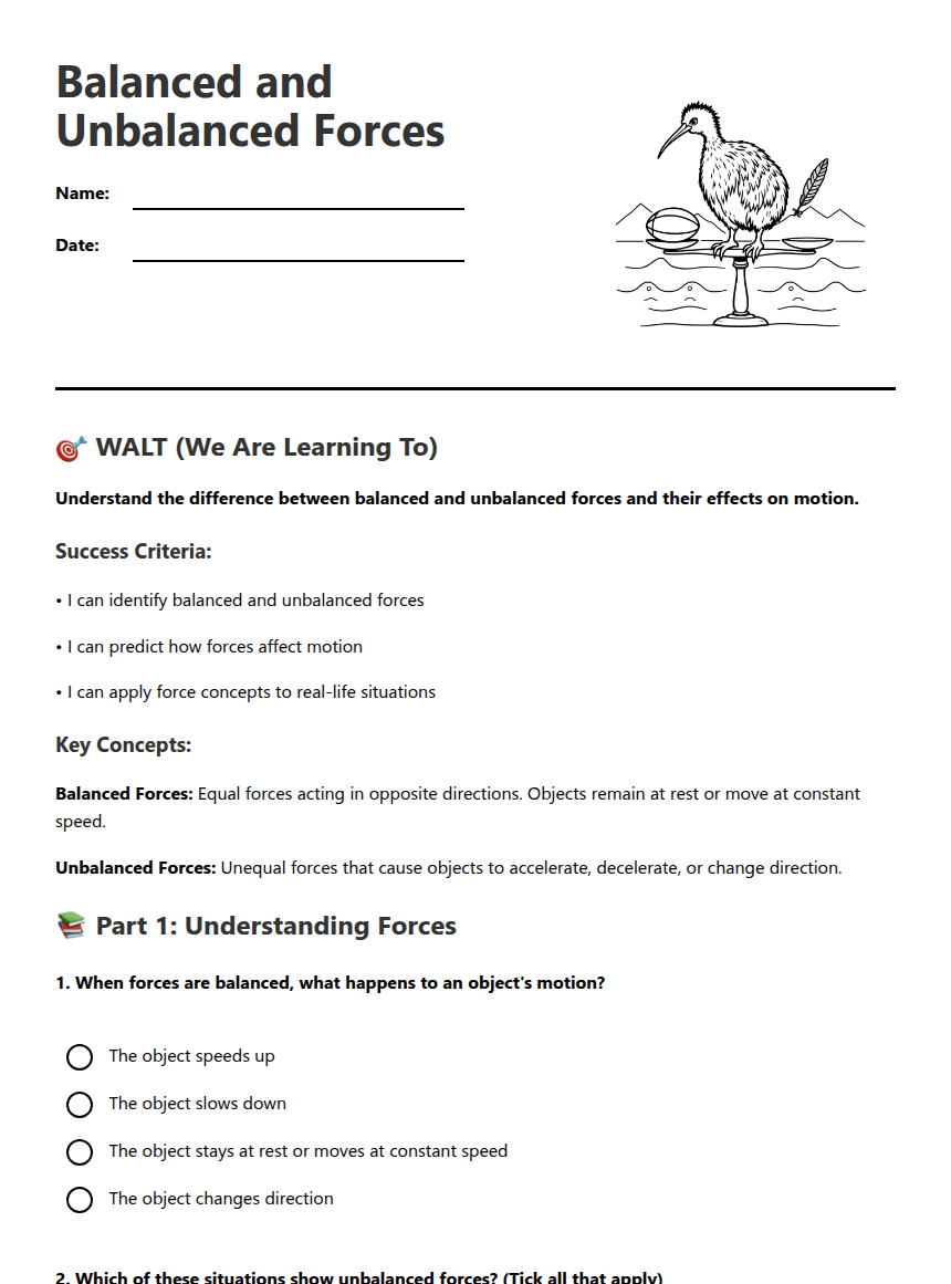 Balanced and Unbalanced Forces worksheet preview