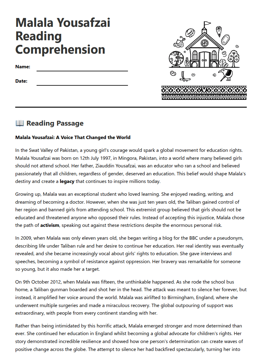 Malala Yousafzai Reading Comprehension worksheet preview