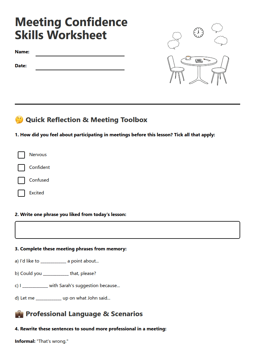 Meeting Confidence Skills Worksheet worksheet preview