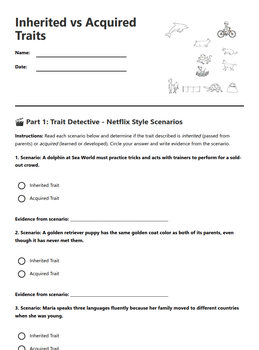 Inherited vs Acquired Traits worksheet preview