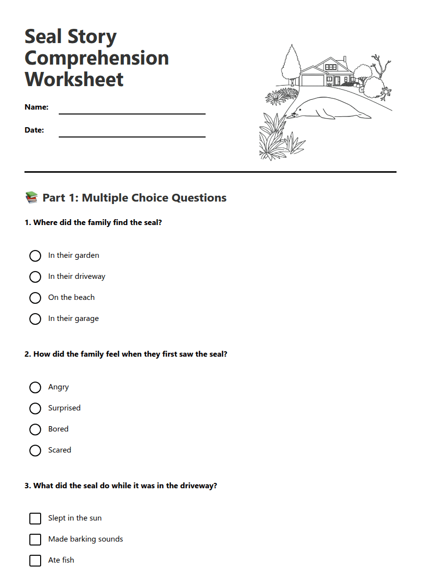 Seal Story Comprehension Worksheet worksheet preview