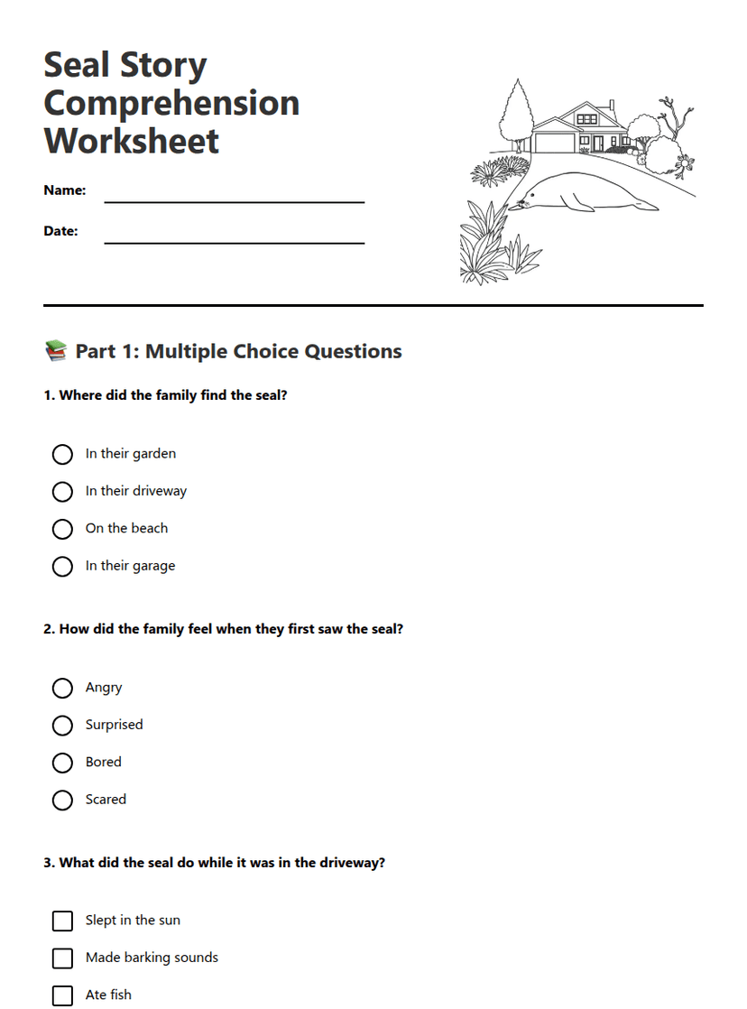 Seal Story Comprehension Worksheet