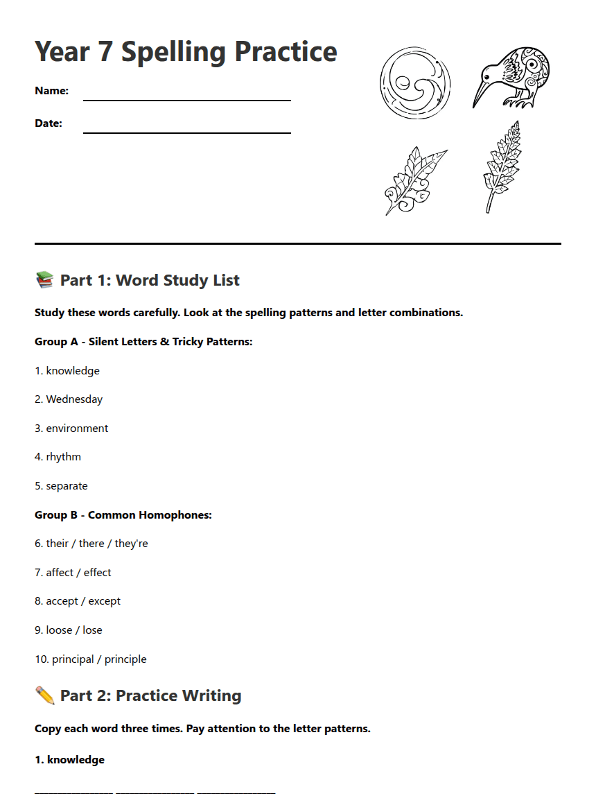 Year 7 Spelling Practice worksheet preview