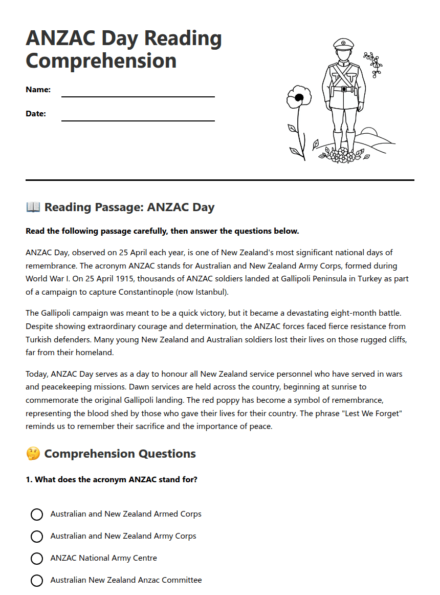 ANZAC Day Reading Comprehension worksheet preview