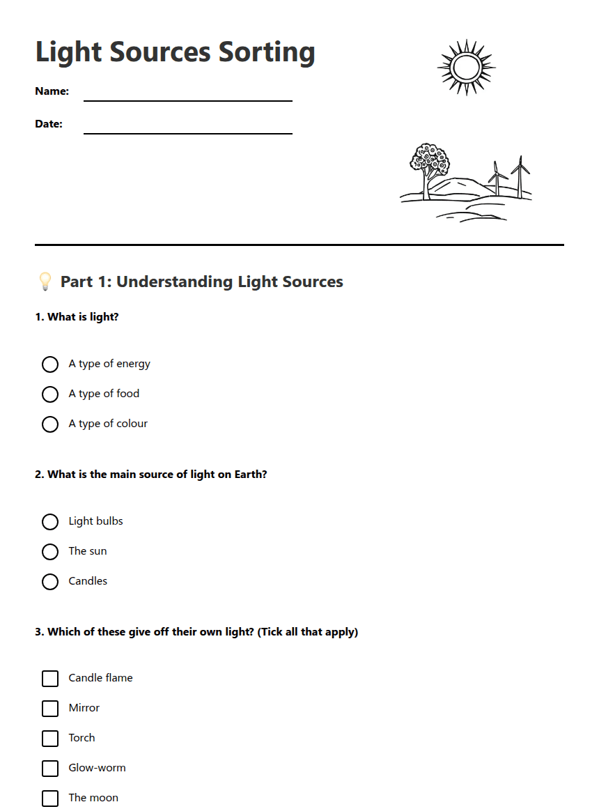 Light Sources Sorting worksheet preview