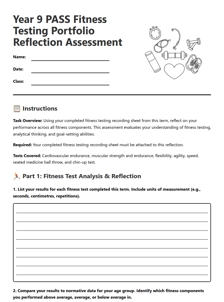 Fitness Testing Portfolio Reflection worksheet preview