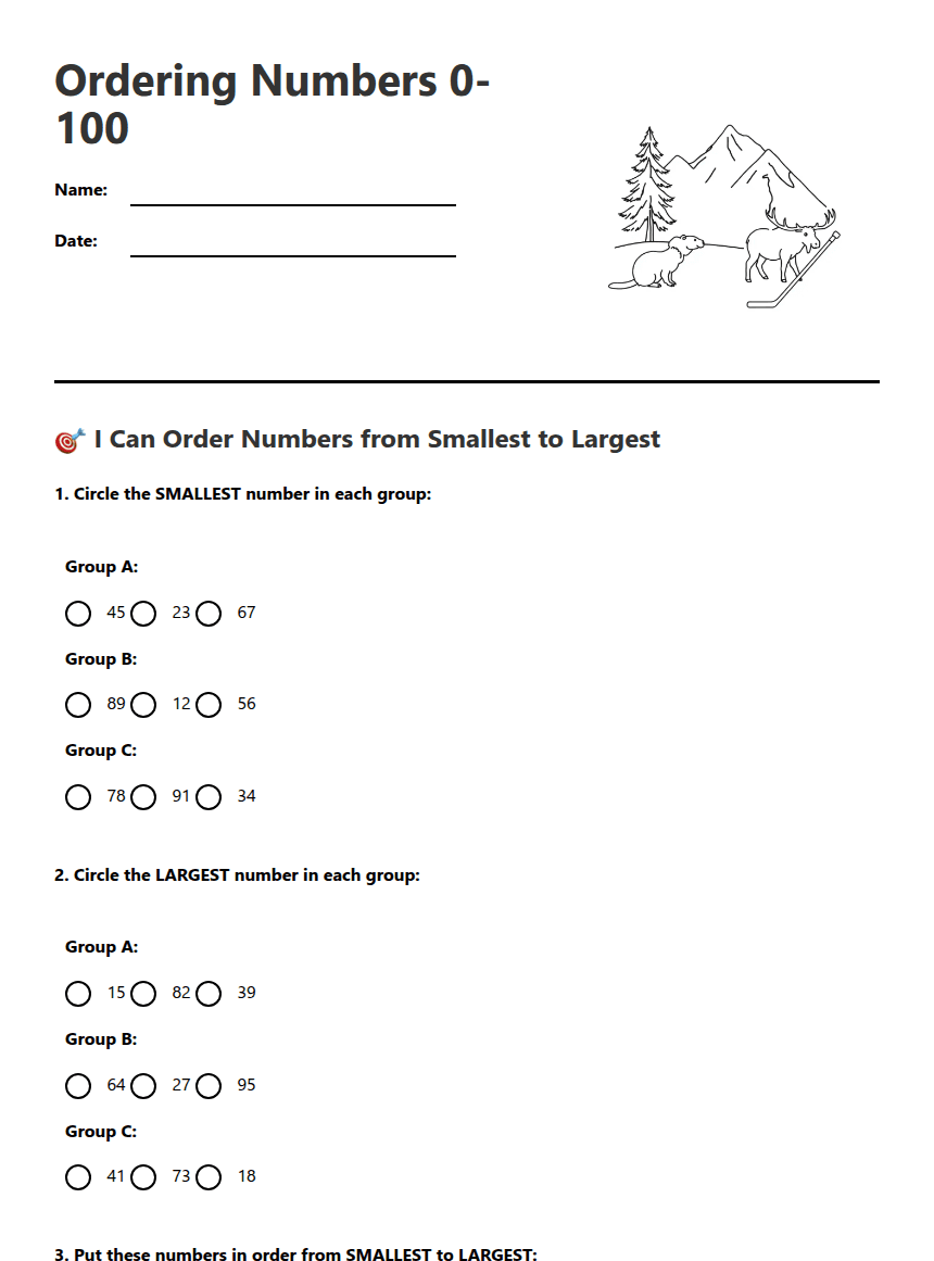 Ordering Numbers 0-100 worksheet preview