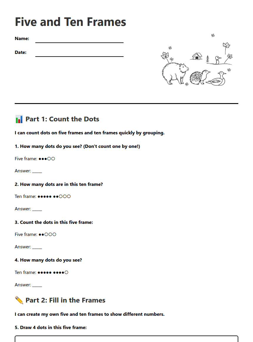 Five and Ten Frames worksheet preview