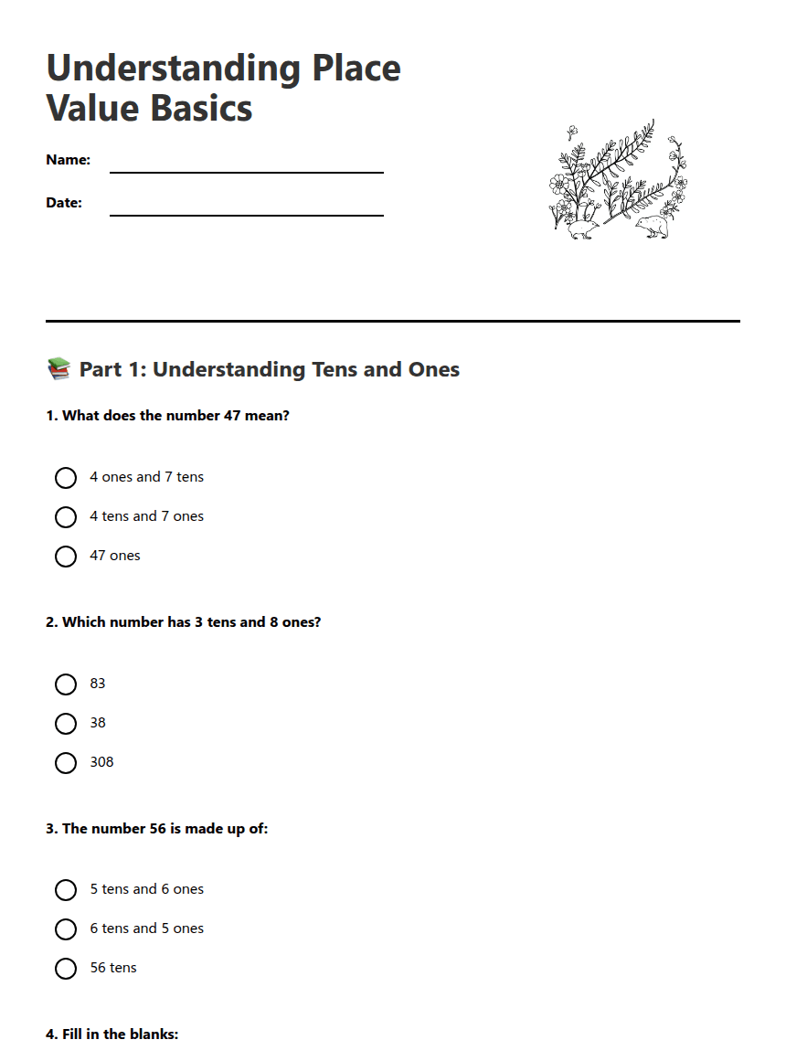 Understanding Place Value Basics worksheet preview