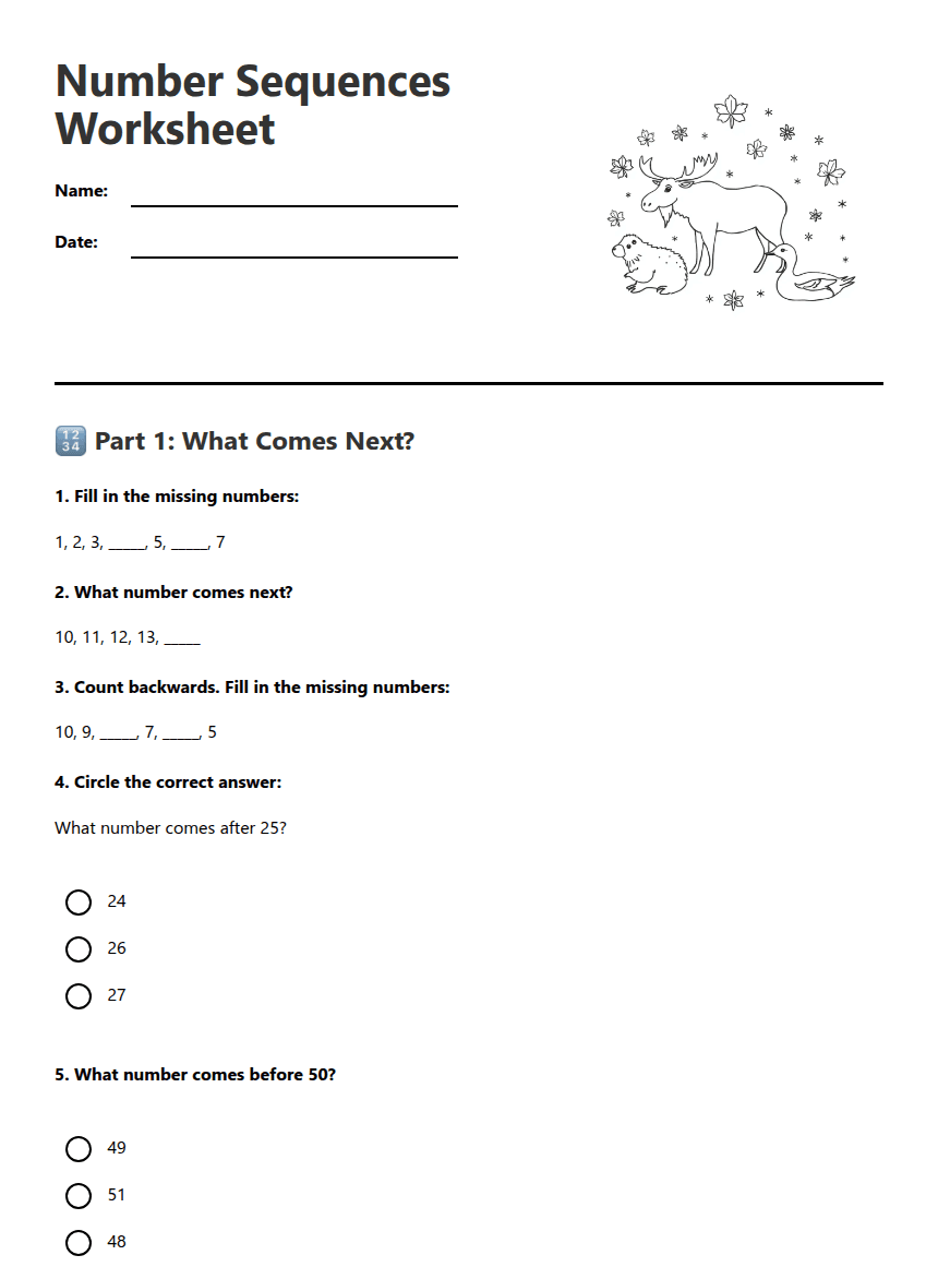 Number Sequences Worksheet worksheet preview