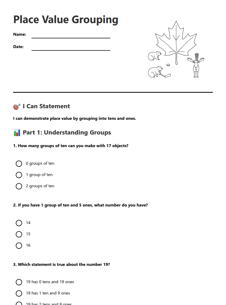 Place Value Grouping worksheet preview