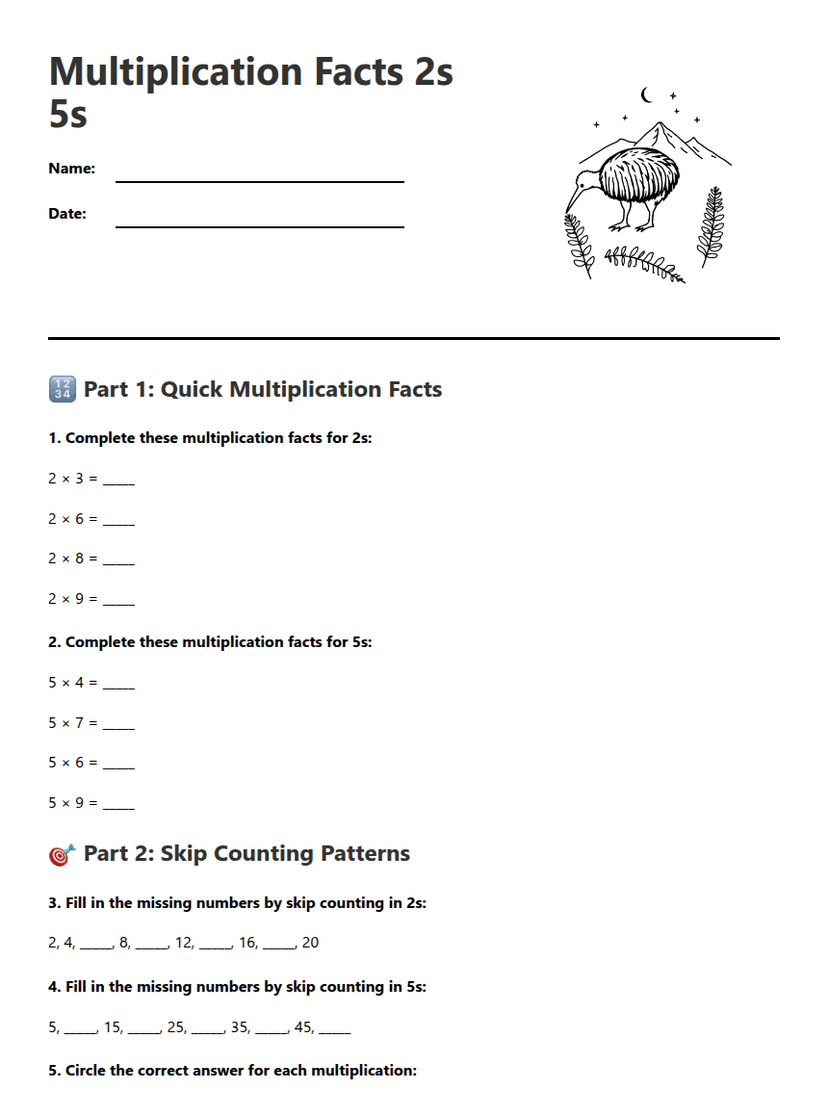 Multiplication Facts 2s 5s