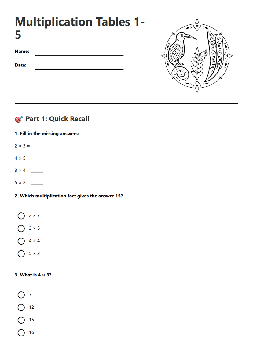 Multiplication Tables 1-5