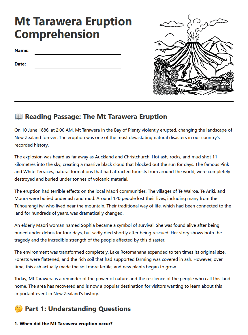 Mt Tarawera Eruption Comprehension worksheet preview