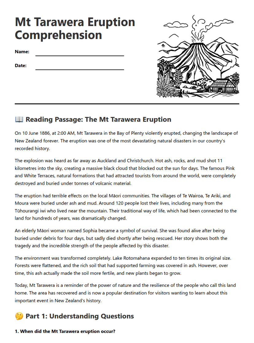 Mt Tarawera Eruption Comprehension