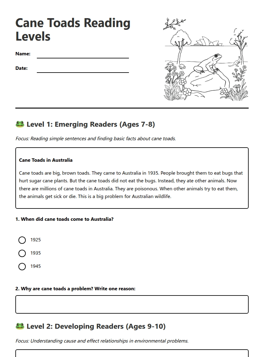 Cane Toads Reading Levels worksheet preview