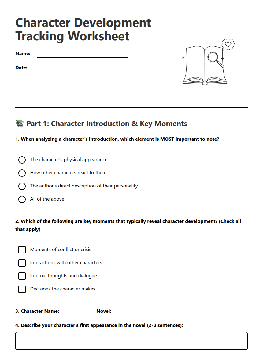 Character Development Tracking Worksheet worksheet preview